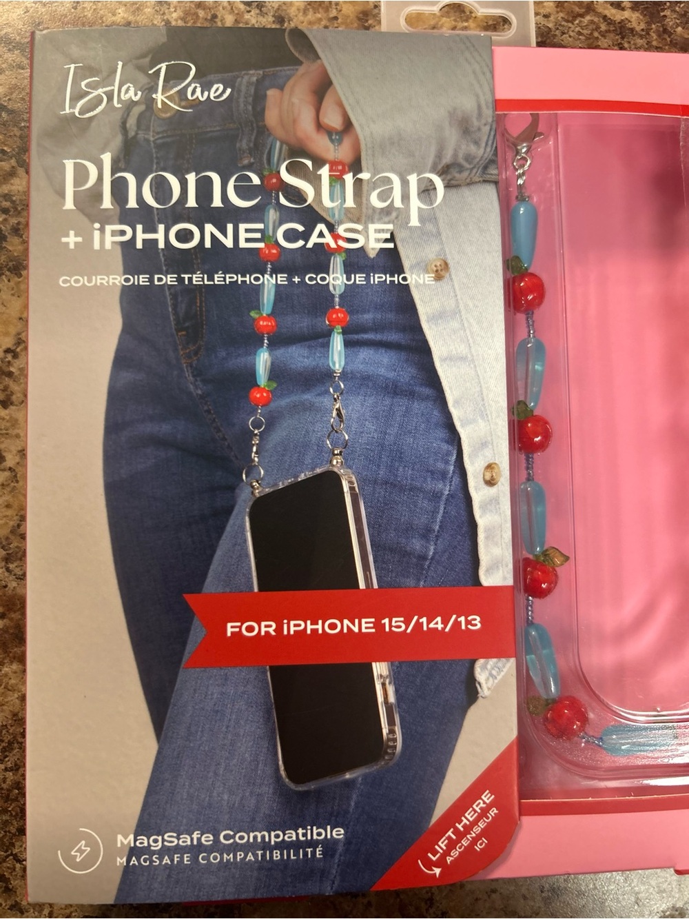 Clear iPhone Case with Blue Beaded Cherry Strap - Fits iPhone 15/14/13